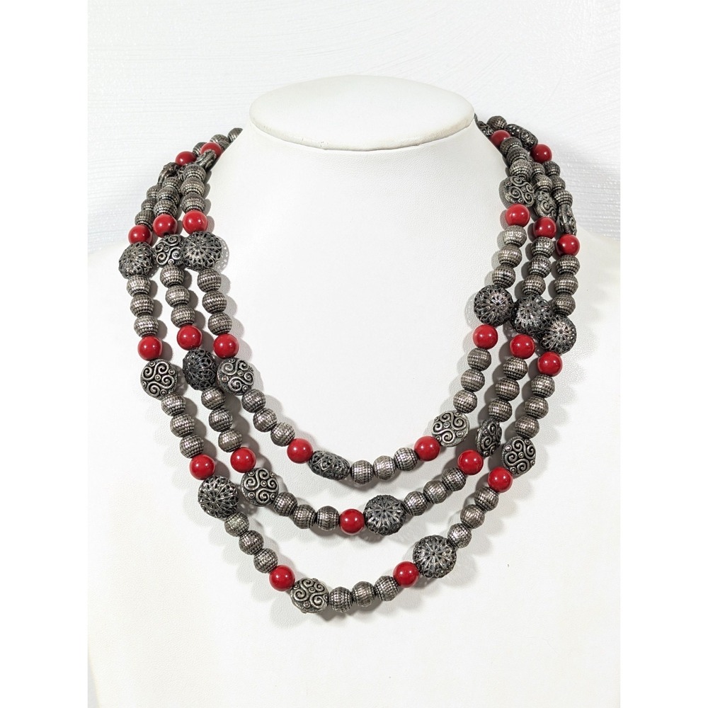 Antiqued Silver Tone Red Bead Multi Strand Western Layered Statement Necklace